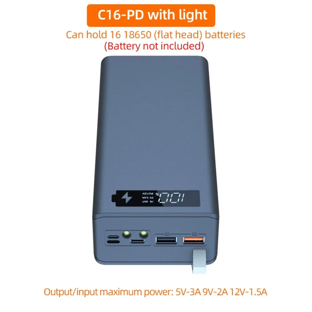 16*18650 Power Bank Case C16 USB Welding Free Power Bank Case Detachable Portable QC 3.0 PD DIY Shell Housing for Powerbank