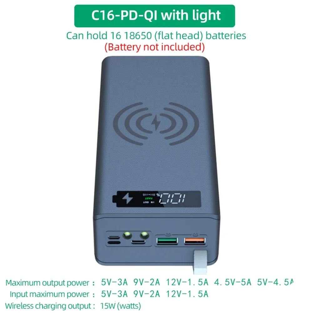 16*18650 Power Bank Case C16 USB Welding Free Power Bank Case Detachable Portable QC 3.0 PD DIY Shell Housing for Powerbank