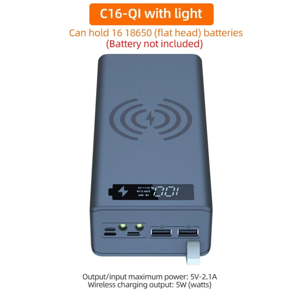 16*18650 Power Bank Case C16 USB Welding Free Power Bank Case Detachable Portable QC 3.0 PD DIY Shell Housing for Powerbank